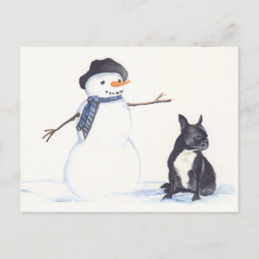 Snowman and French Bulldog Dog Art Briefkaart (Voorkant)