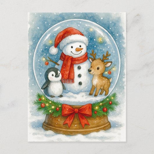Snowman and Friends Christmas Snow Globe Postcard Feestdagenkaart (Voorkant)