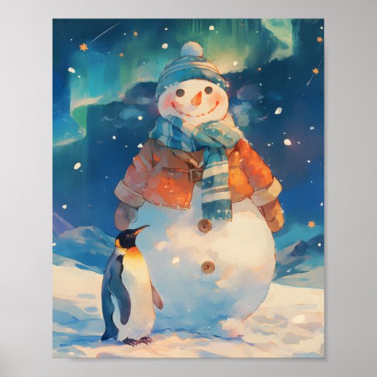 Snowman and Penguin Northern Lights Winter Nursery Poster (Voorkant)