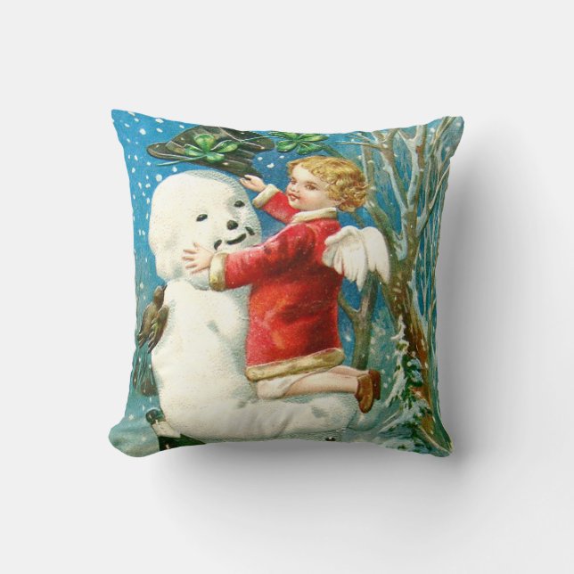 Snowman Angel Cherub Four Leaf Clover Kussen (Voorkant)