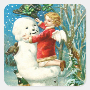 Snowman Angel Cherub Four Leaf Clover Vierkante Sticker