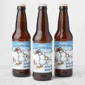Snowman Attacks Funny Cartoon Bier Etiket (Flessen)