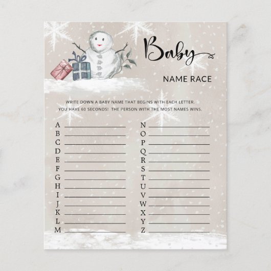 Snowman Baby shower Baby naam Race Game (Voorkant)