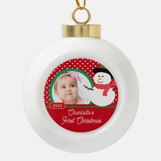 Snowman Baby's eerste kerstfoto Keramische Bal Ornament (Voorkant)