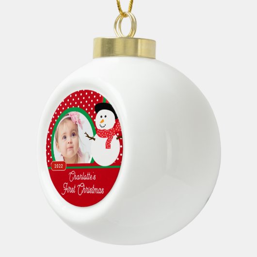 Snowman Baby's eerste kerstfoto Keramische Bal Ornament (Rechts)