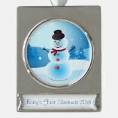 Snowman Baby's eerste kerstversiering Verzilverd Banner Ornament (Voorkant)