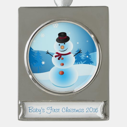 Snowman Baby's eerste kerstversiering Verzilverd Banner Ornament (Voorkant)