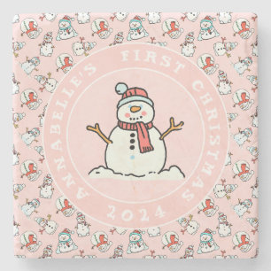 Snowman Baby's eerste roze kerstnaam Stenen Onderzetter