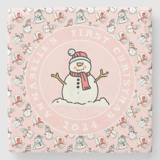 Snowman Baby's eerste roze kerstnaam Stenen Onderzetter (Voorkant)