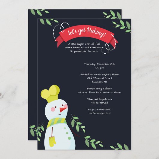 Snowman Baker Cookie Exchange Uitnodiging (Voorkant / Achterkant)
