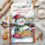 Snowman Baking Cookies Gepersonaliseerde Kerst Theedoek<br><div class="desc">Breng feestelijk gejuich naar uw keuken met deze gepersonaliseerde kerstkeukenhanddoek met een schattige sneeuwman met een dienblad van vers gebakken koekjes. Deze handdoek is ideaal voor het toevoegen van een vakantietintje aan uw keukeninrichting en kan worden aangepast met jouw naam, waardoor het een leuke en persoonlijke toevoeging aan uw huis...</div>