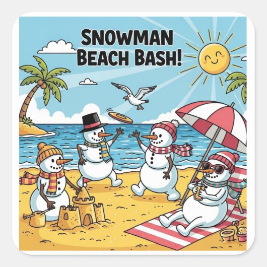 Snowman Beach Bash Vierkante Sticker (Voorkant)