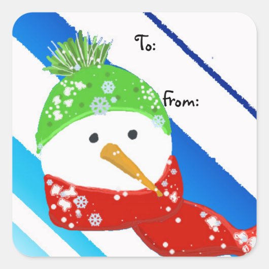 Snowman bedekt met sneeuwvlokken vierkante sticker (Voorkant)