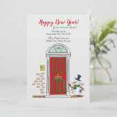 Snowman bij de deur nieuwjaar aankondiging (Staand voorkant)