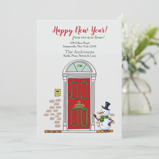 Snowman bij de deur nieuwjaar aankondiging (Staand voorkant)