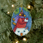 SNOWMAN BODYGUARD, CHRISTMAS CARDINAL REDBIRD KERAMISCH ORNAMENT<br><div class="desc">GEWAPEN MET SNOWBALLEN. HUMOROUS CARDINAL ORNAMENT. (Achterzijde "MERRY CHRISTMAS") *Aanpassen ... Zoeken naar overeenkomende items Susan Brack Design</div>