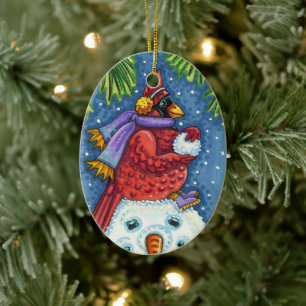 SNOWMAN BODYGUARD, CHRISTMAS CARDINAL REDBIRD KERAMISCH ORNAMENT