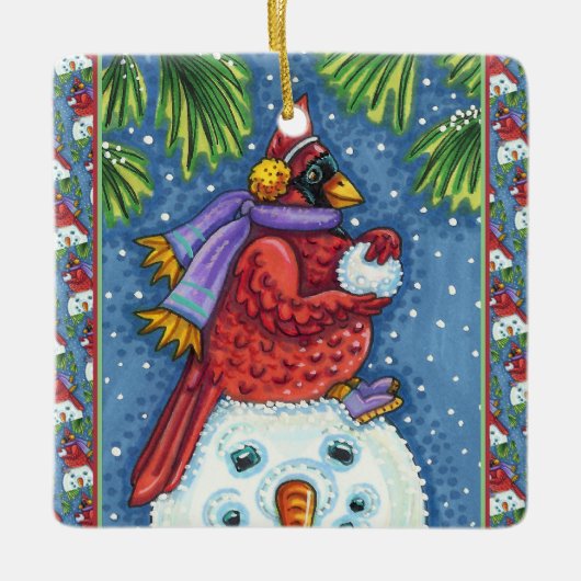 SNOWMAN BODYGUARD, CHRISTMAS CARDINAL REDBIRD KERAMISCH ORNAMENT (Voorkant)