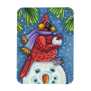 SNOWMAN BODYGUARD, CHRISTMAS CARDINAL REDBIRD MAGNEET