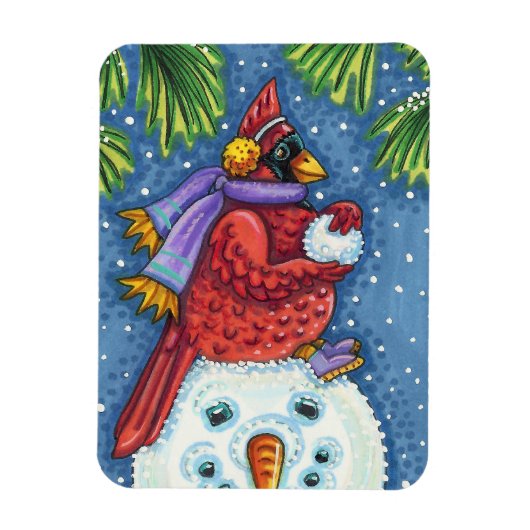 SNOWMAN BODYGUARD, CHRISTMAS CARDINAL REDBIRD MAGNEET (Verticaal)