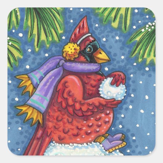 SNOWMAN BODYGUARD, CHRISTMAS CARDINAL REDBIRD VIERKANTE STICKER (Voorkant)