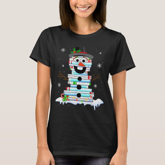 Snowman Book Stack Librarian Book Lover Christmas T-shirt (Voorkant)