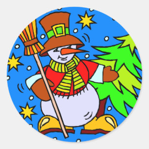 Snowman Broom kerstboom Ronde Sticker