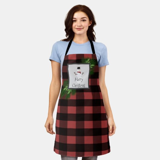 Snowman Buffalo Plaid Kerstmis | Zwart Rood Schort (Gedragen)