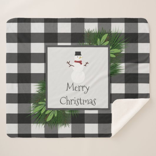 Snowman Buffalo Plaid Sherpa Blanket | Black Sherpa Deken (Voorkant (horizontaal))