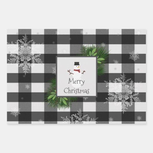 Snowman Buffalo Plaid | Zwart-Wit Inpakpapier Vel (Voorkant 3)