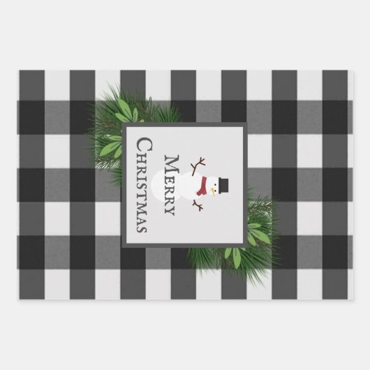 Snowman Buffalo Plaid | Zwart-Wit Inpakpapier Vel (Voorkant 2)