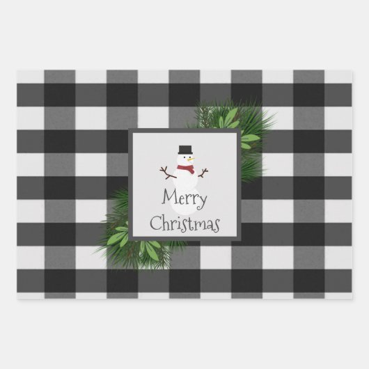 Snowman Buffalo Plaid | Zwart-Wit Inpakpapier Vel (Voorkant)