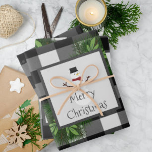 Snowman Buffalo Plaid   Zwart-Wit Inpakpapier Vel