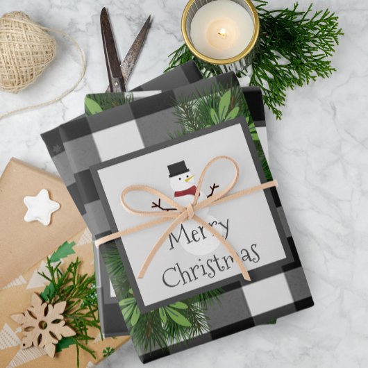 Snowman Buffalo Plaid | Zwart-Wit Inpakpapier Vel