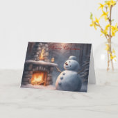 Snowman by an outdoor fire place Christmas Kaart (Gele Bloem)