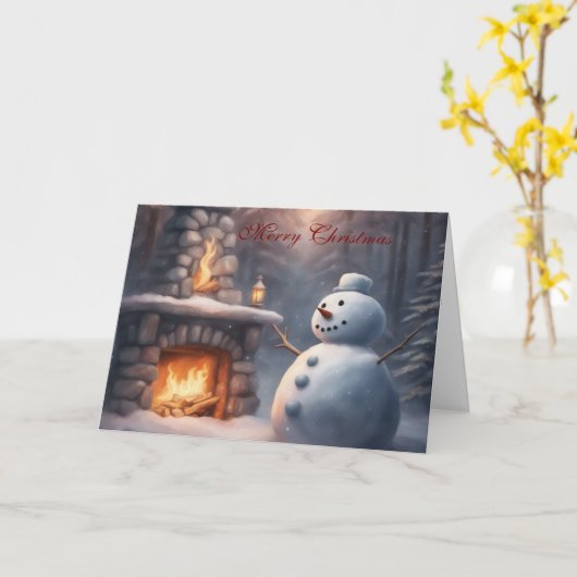 Snowman by an outdoor fire place Christmas Kaart (Gele Bloem)