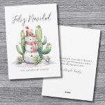 Snowman Cactus Christmas Feliz Navidad Feestdagenkaart<br><div class="desc">Feliz Navidad Cactus Snowman Kerstvakantie Kaart. Feliz Navidad, het Spaanse woord voor kerst, krijgt een leuke draai met deze unieke vakantiekaart met een grillige waterverf sneeuwman omringd door groene cactussen en vetplanten, allemaal versierd met kleurrijke vakantielichten. Deze leuke en feestelijke scène brengt de vakantiegeest naar de woestijn, waarbij de charme...</div>