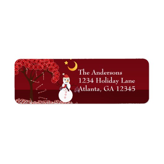 Snowman Candycane Tree op Deep Burgundy Etiket (Voorkant)
