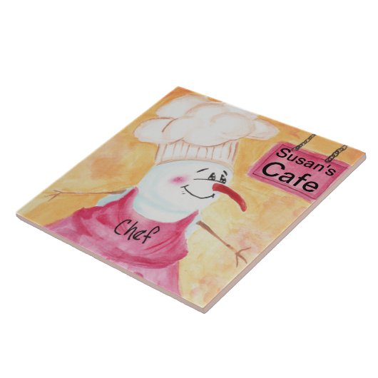 Snowman Chef in Schort en Chef's Pet Tegeltje (Zijkant)