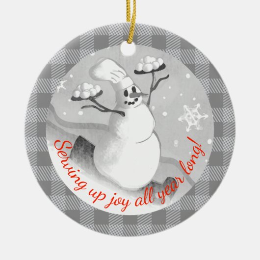 Snowman chef-kok serveren sneeuwballen Kerst ornam Keramisch Ornament (Voorkant)