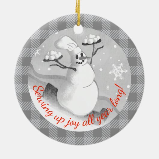 Snowman chef-kok serveren sneeuwballen Kerst ornam Keramisch Ornament (Achterkant)