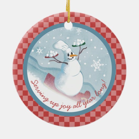 Snowman chef-kok serveren sneeuwballen Kerst ornam Keramisch Ornament (Achterkant)