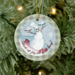 Snowman chef serving snowballs Christmas ornament<br><div class="desc">My 2011 Christmas holiday snowman chef rides a sled down hill with 2 platters of snowballs. Soft watercolor style with plaid background,  a great ornament for a restaurant tree,  or for your favorite chef,  foodie,  or snowman lover.</div>