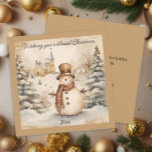 Snowman Classic  Kerk gezegend met kerst Feestdagenkaart<br><div class="desc">Deel de warmte en rust van het seizoen met deze prachtig geïllustreerde kerstkaart, met een sneeuwpop in een gezellige geruite sjaal die voor een charmante plattelandskerk staat. Zachte sneeuwlandschappen herfsten over het rustige landschap en creëren een nostalgisch wintertafereel dat het hart van een traditioneel kerstfeest vastlegt. Perfect voor het verzenden...</div>