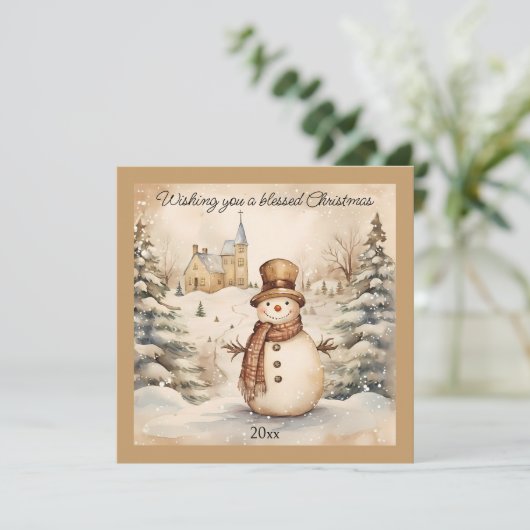Snowman Classic  Kerk gezegend met kerst Feestdagenkaart (Staand voorkant)