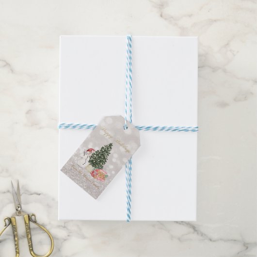 Snowman, Cookis, Pine Tree Glitter Bokeh Cadeaulabel (Met Touw)