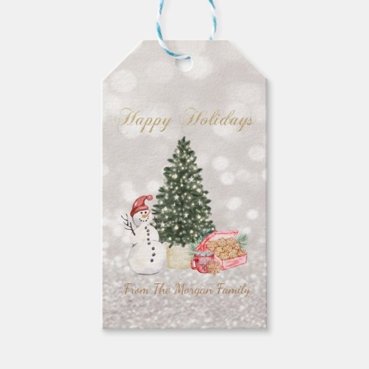Snowman, Cookis, Pine Tree Glitter Bokeh Cadeaulabel (Voorkant)