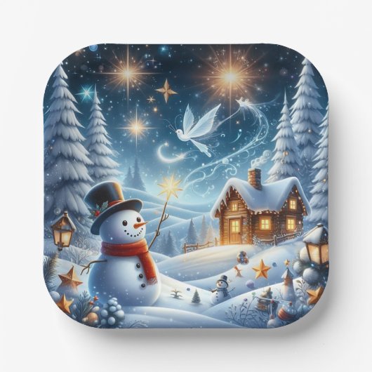 Snowman Cottage Winterpapier Bord (Voorkant)