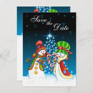 Snowman Couple Holiday Tree Save the Date Invite Kaart
