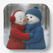 Snowman Couple Hugging in Winter Forest Papieren Bordje (Voorkant)